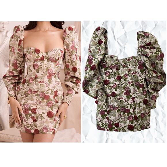 House of CB Dresses & Skirts - HOUSE OF CB 'Azie' Vintage Floral Jacquard Puff Sleeve Mini Dress NWT XL